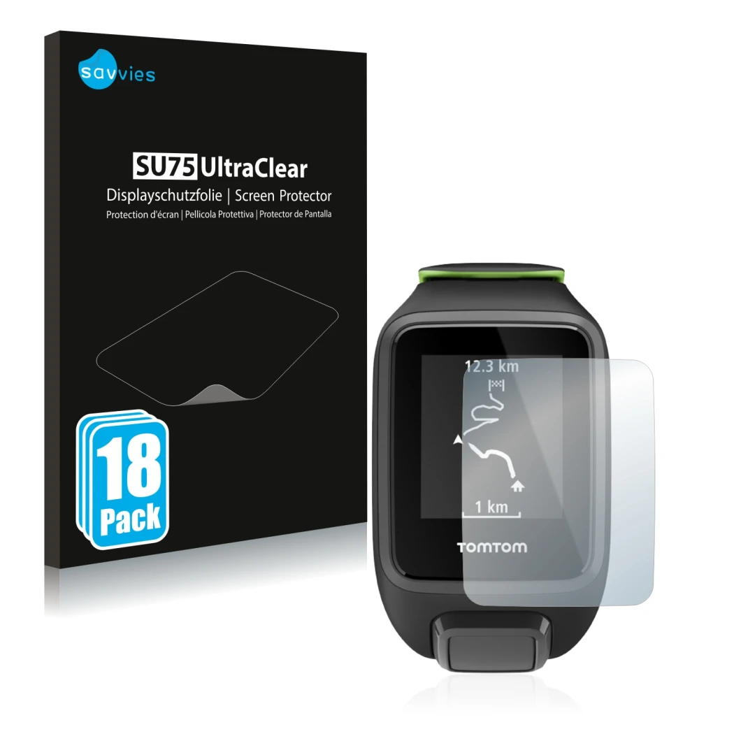 Parte frontale di una confezione del prodotto con il logo del marchio Savvies. Accanto è raffigurato il dispositivo TomTom Run