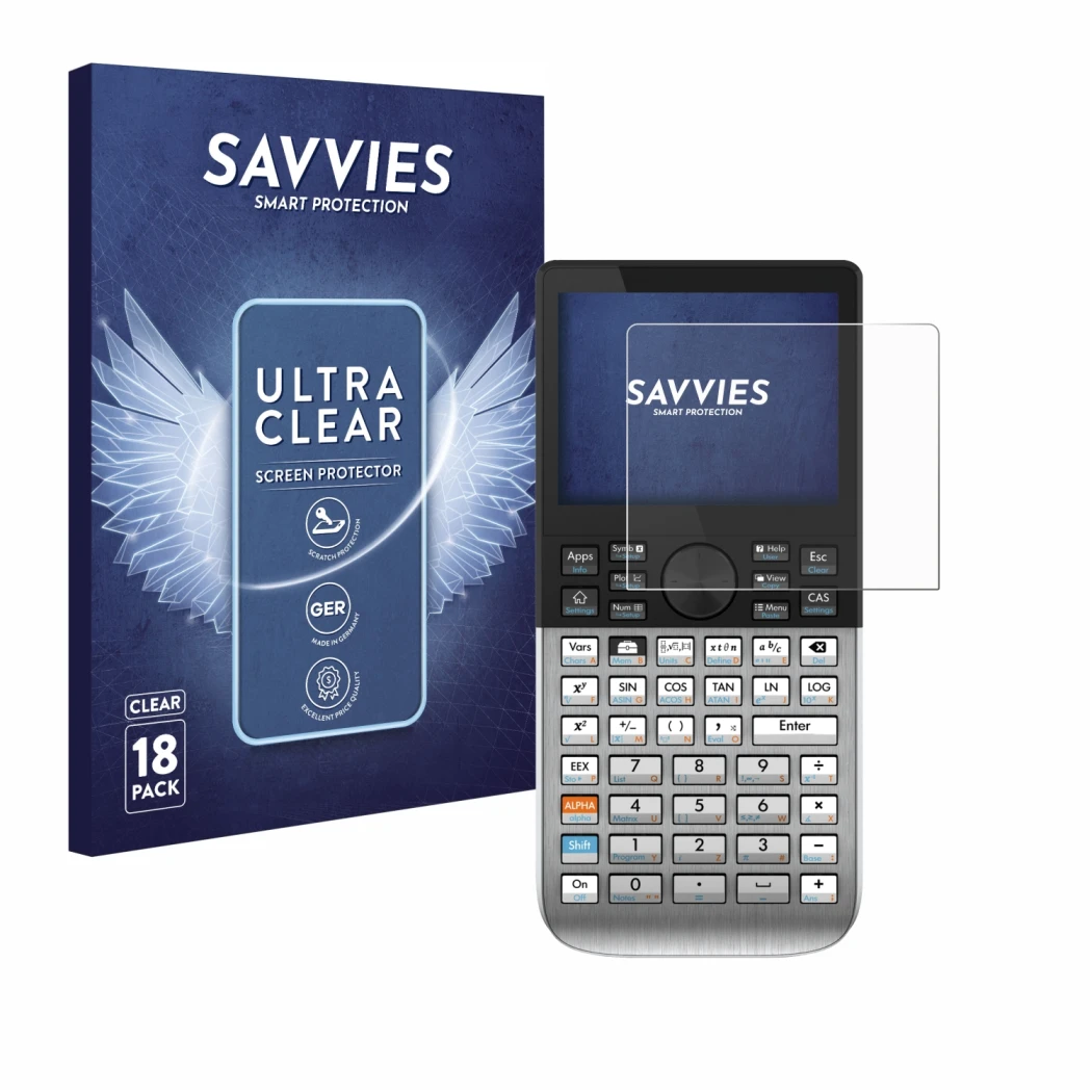Parte frontale di una confezione del prodotto con il logo del marchio Savvies. Accanto è raffigurato il dispositivo HP Prime c
