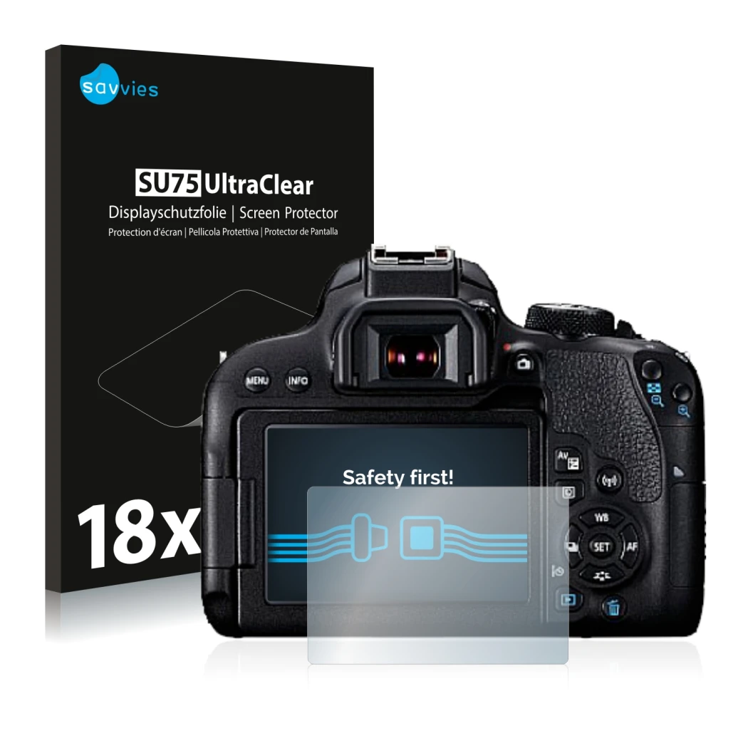 Parte frontale di una confezione del prodotto con il logo del marchio Savvies. Accanto è raffigurato il dispositivo Canon EOS 