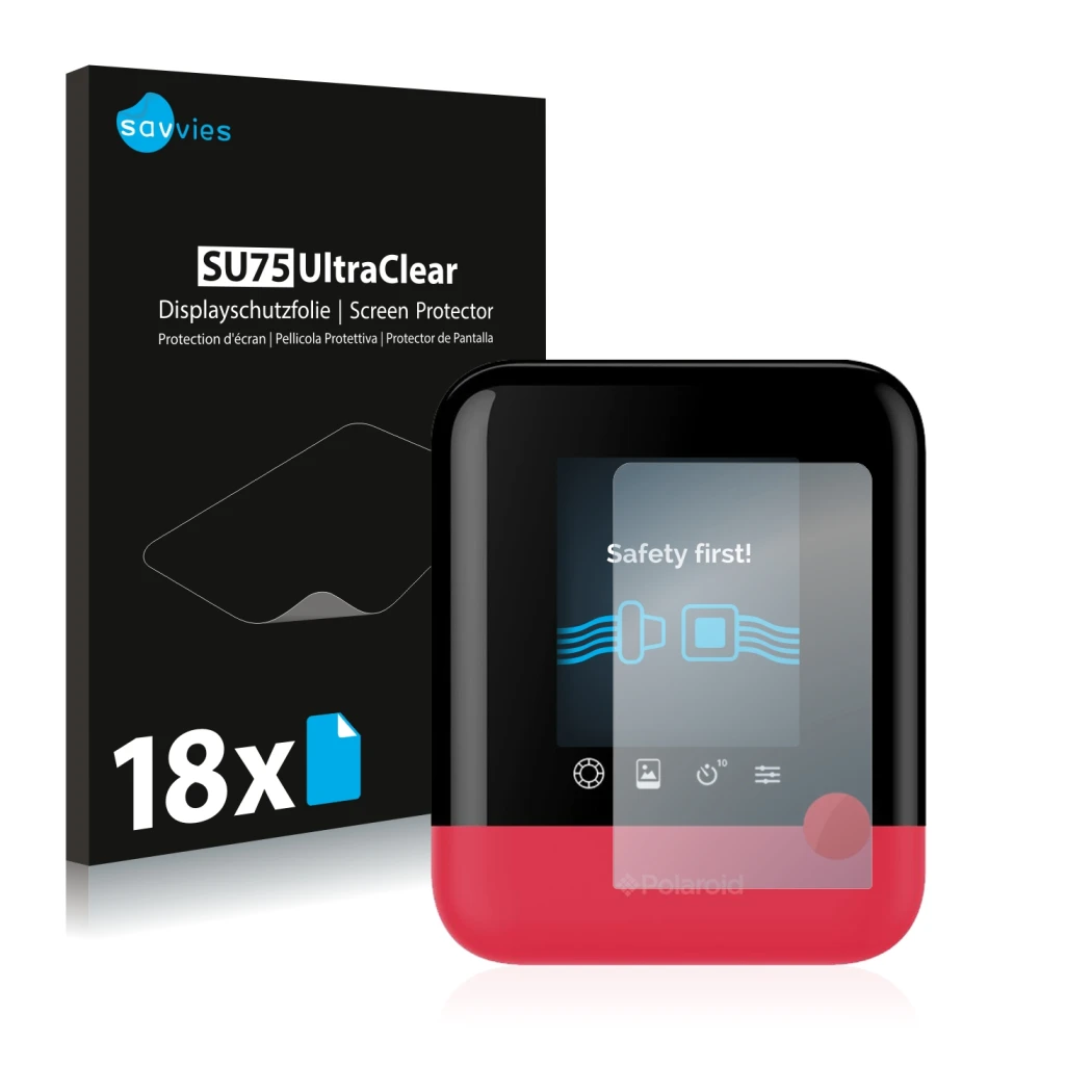 Parte frontale di una confezione del prodotto con il logo del marchio Savvies. Accanto è raffigurato il dispositivo Polaroid P