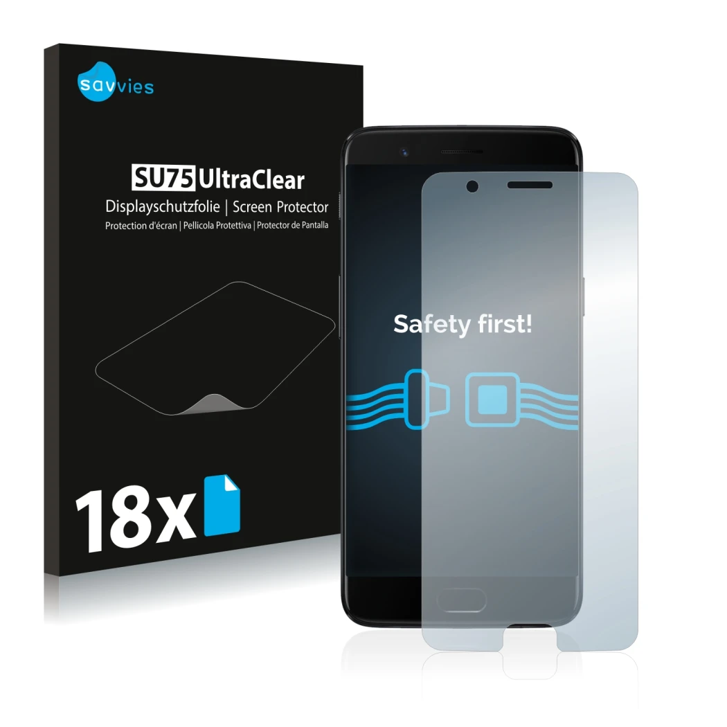 Parte frontale di una confezione del prodotto con il logo del marchio Savvies. Accanto è raffigurato il dispositivo OnePlus 5 