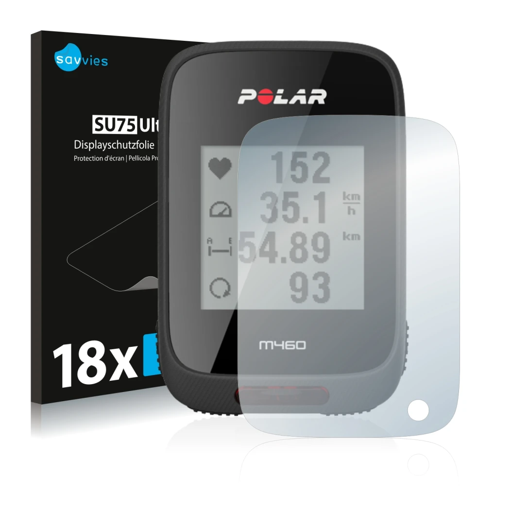 Parte frontale di una confezione del prodotto con il logo del marchio Savvies. Accanto è raffigurato il dispositivo Polar M460