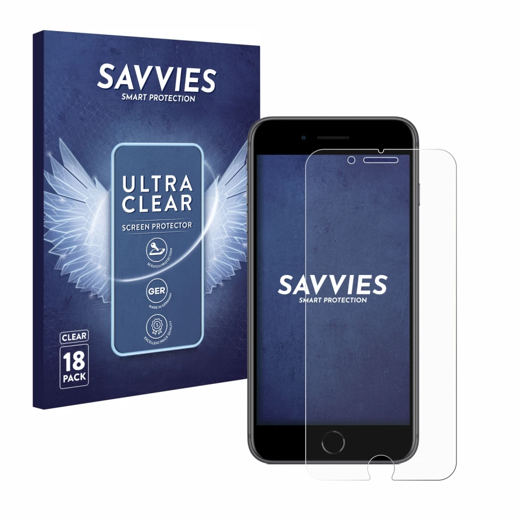 Parte frontale di una confezione del prodotto con il logo del marchio Savvies. Accanto è raffigurato il dispositivo Apple iPho