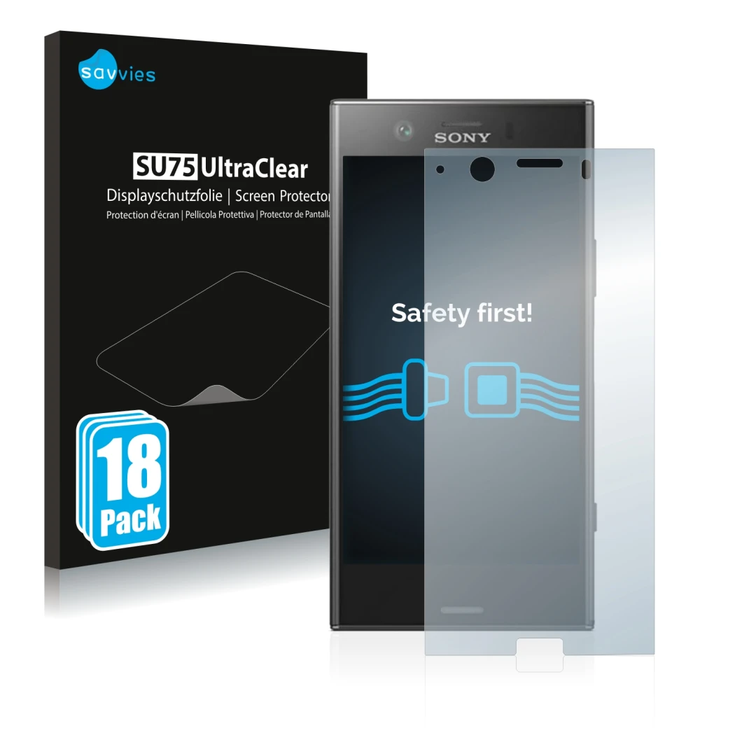 Parte frontale di una confezione del prodotto con il logo del marchio Savvies. Accanto è raffigurato il dispositivo Sony Xperi