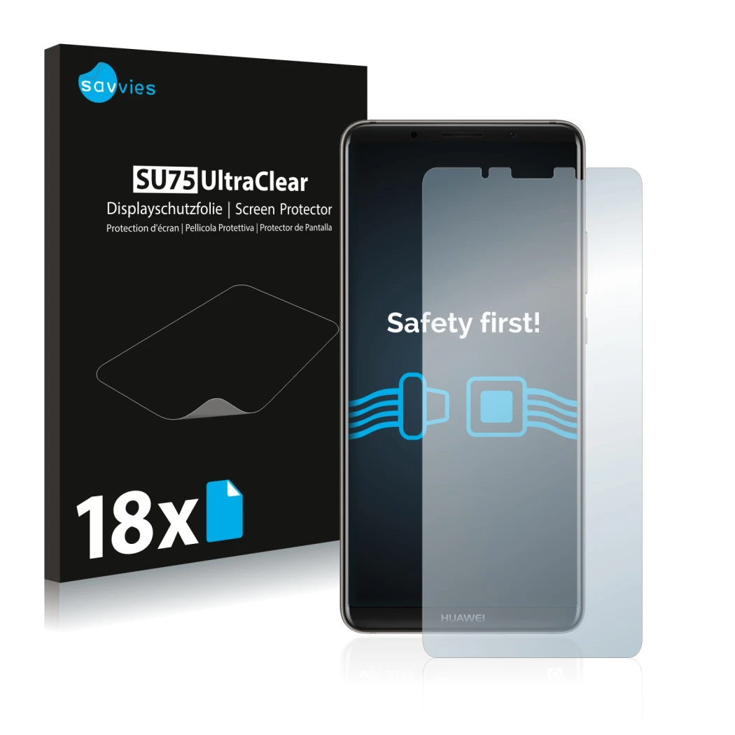 Parte frontale di una confezione del prodotto con il logo del marchio Savvies. Accanto è raffigurato il dispositivo Huawei Mat