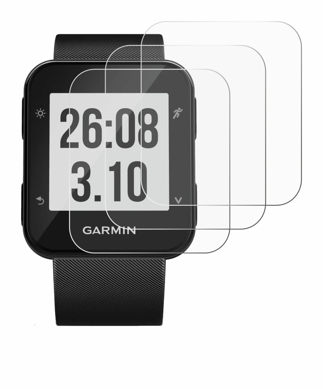 Immagine del dispositivo Garmin Forerunner 30 con un'ampia varietà di protezioni per lo schermo.