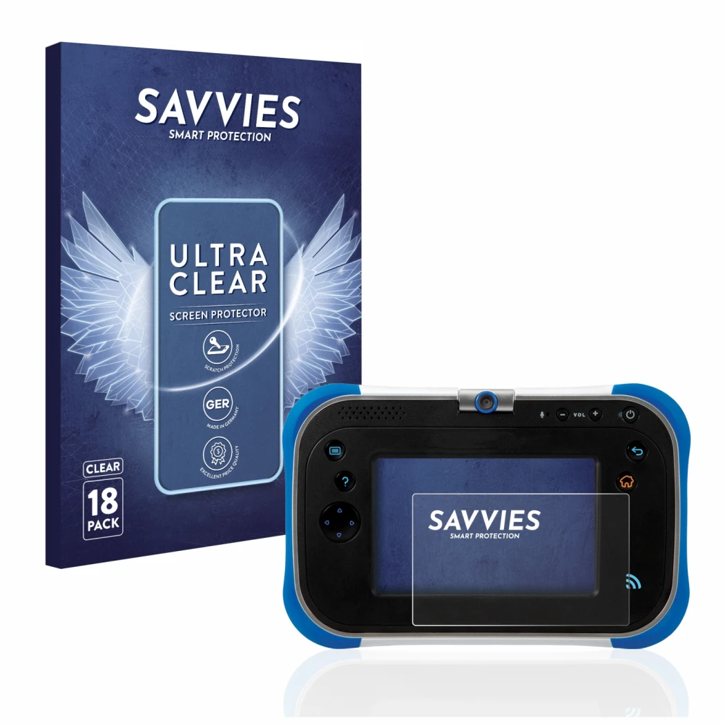 Parte frontale di una confezione del prodotto con il logo del marchio Savvies. Accanto è raffigurato il dispositivo Vtech Stor