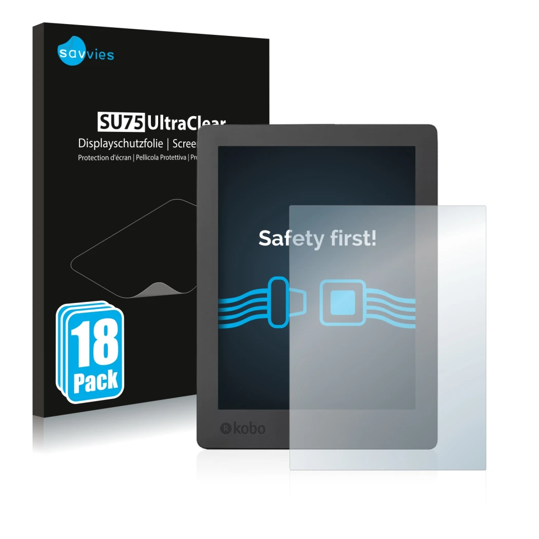 Parte frontale di una confezione del prodotto con il logo del marchio Savvies. Accanto è raffigurato il dispositivo Kobo Aura 