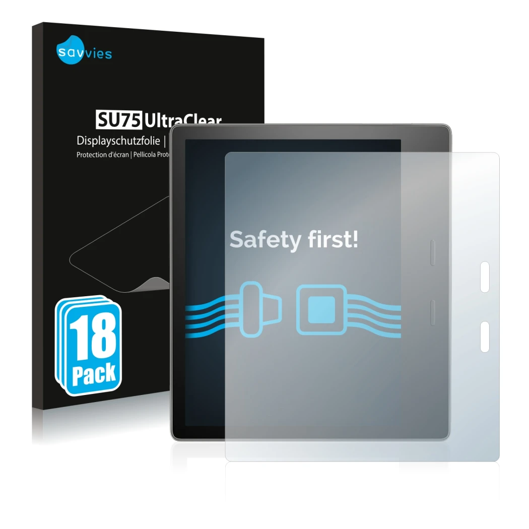 Parte frontale di una confezione del prodotto con il logo del marchio Savvies. Accanto è raffigurato il dispositivo Amazon Kin