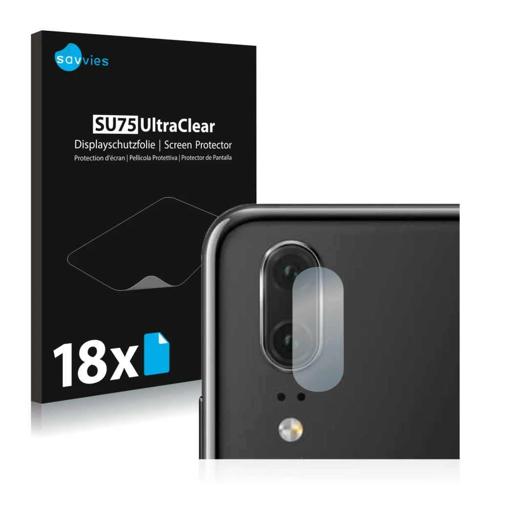 Parte frontale di una confezione del prodotto con il logo del marchio Savvies. Accanto è raffigurato il dispositivo Huawei P20