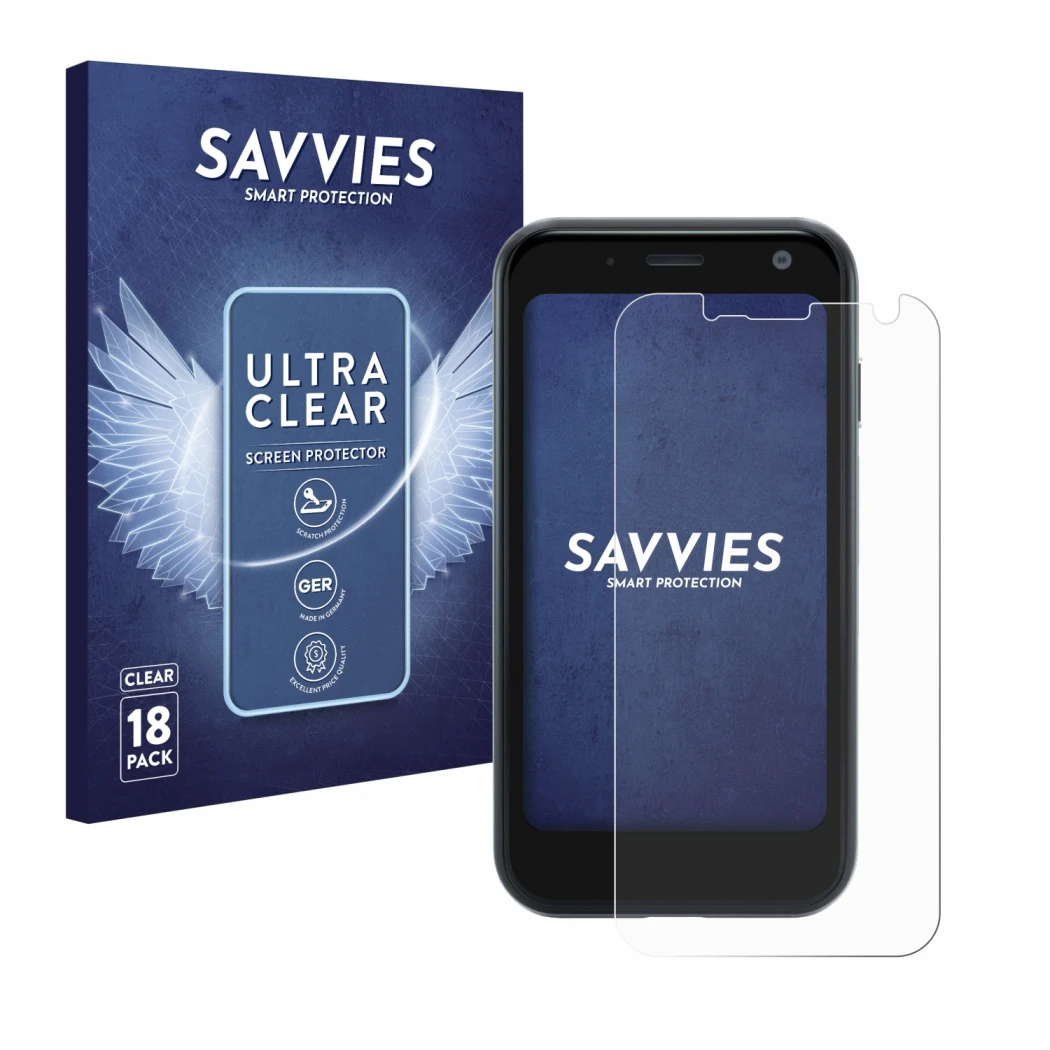Parte frontale di una confezione del prodotto con il logo del marchio Savvies. Accanto è raffigurato il dispositivo Palm Mini 