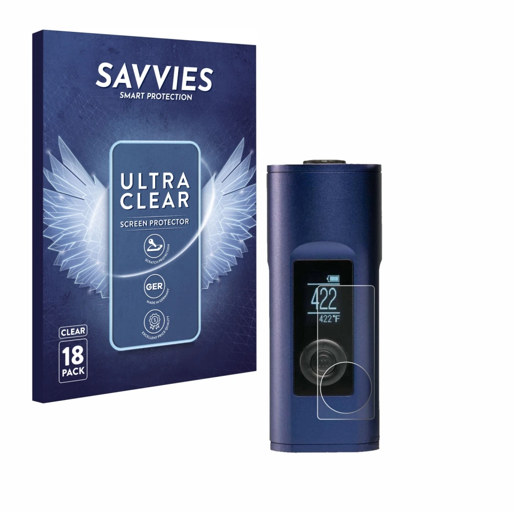 Parte frontale di una confezione del prodotto con il logo del marchio Savvies. Accanto è raffigurato il dispositivo Arizer Sol