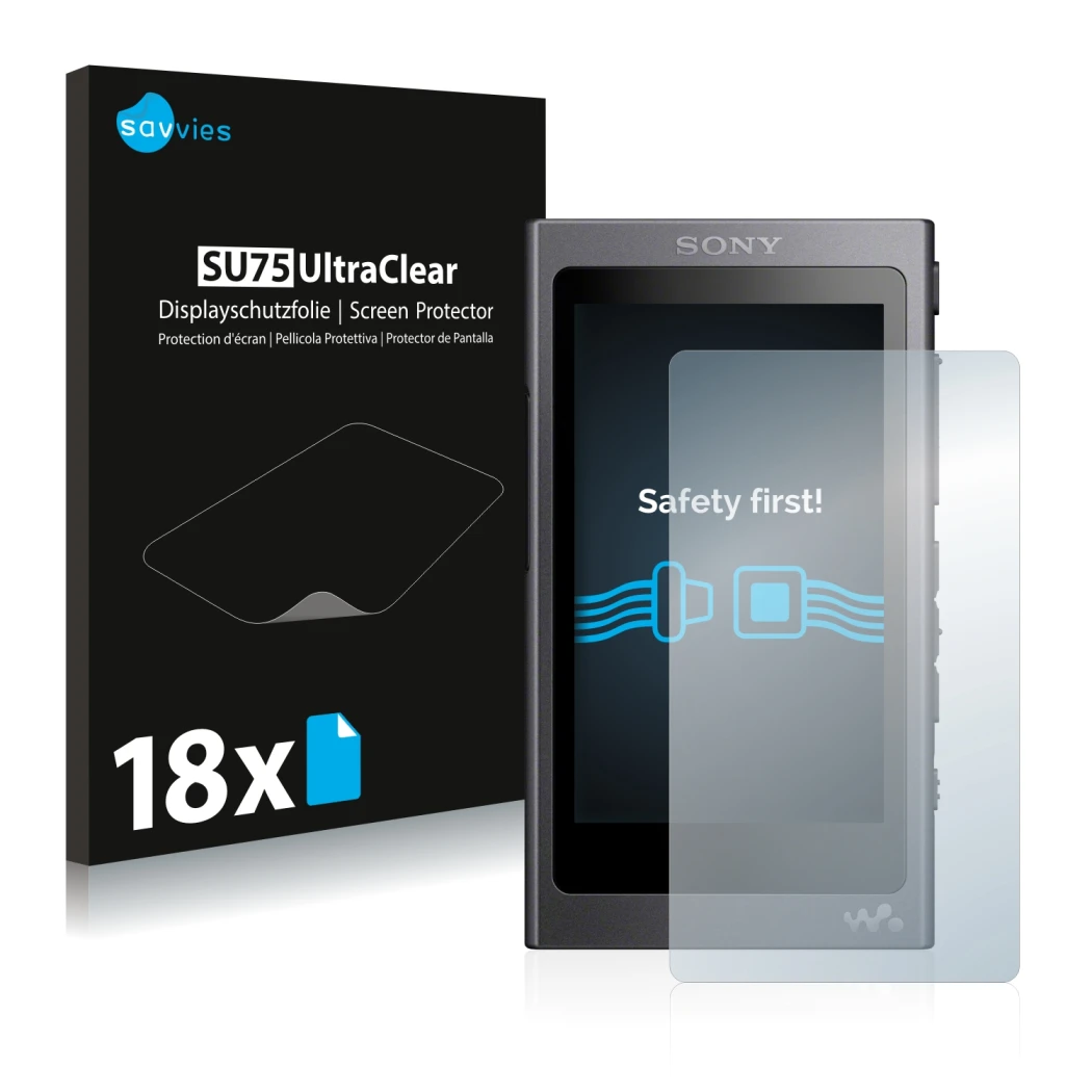 Parte frontale di una confezione del prodotto con il logo del marchio Savvies. Accanto è raffigurato il dispositivo Sony Walkm