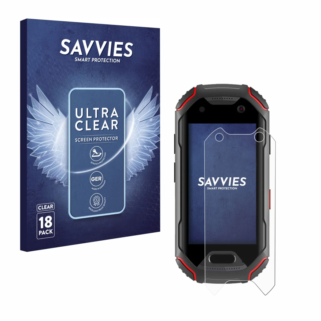Parte frontale di una confezione del prodotto con il logo del marchio Savvies. Accanto è raffigurato il dispositivo Unihertz A