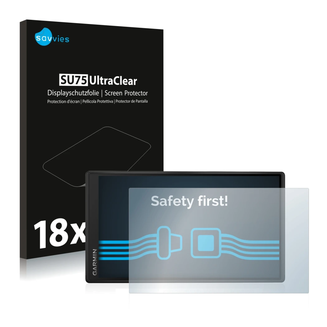 Parte frontale di una confezione del prodotto con il logo del marchio Savvies. Accanto è raffigurato il dispositivo Garmin Dri