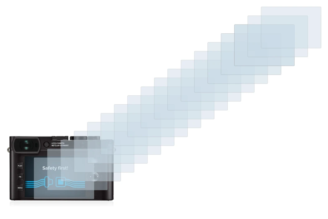 Immagine del dispositivo Leica Q2 con un'ampia varietà di protezioni per lo schermo.