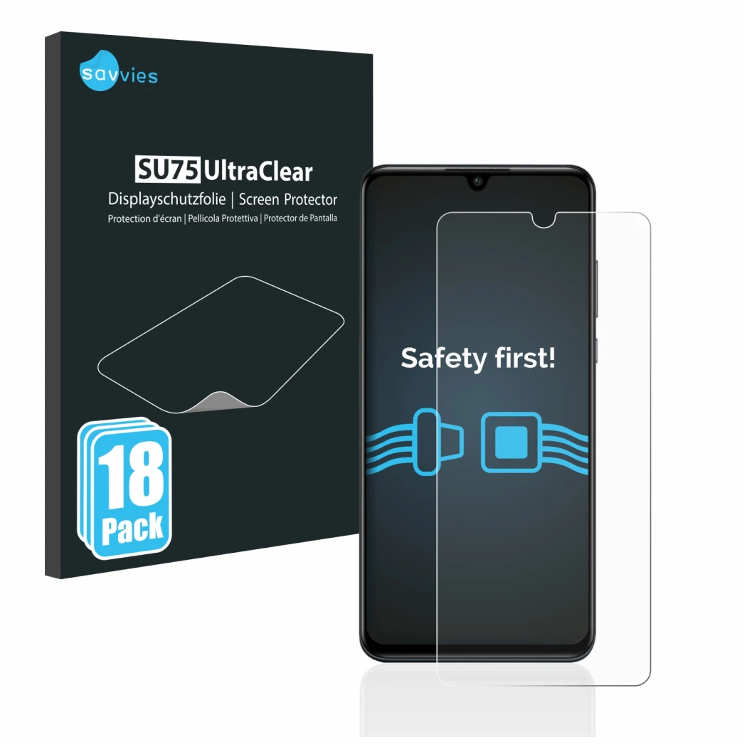 Parte frontale di una confezione del prodotto con il logo del marchio Savvies. Accanto è raffigurato il dispositivo Huawei P30