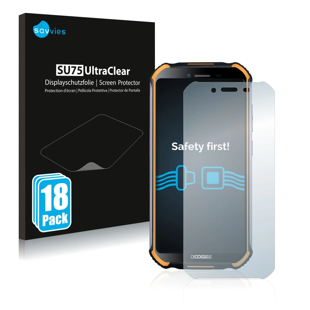 Parte frontale di una confezione del prodotto con il logo del marchio Savvies. Accanto è raffigurato il dispositivo Doogee S40