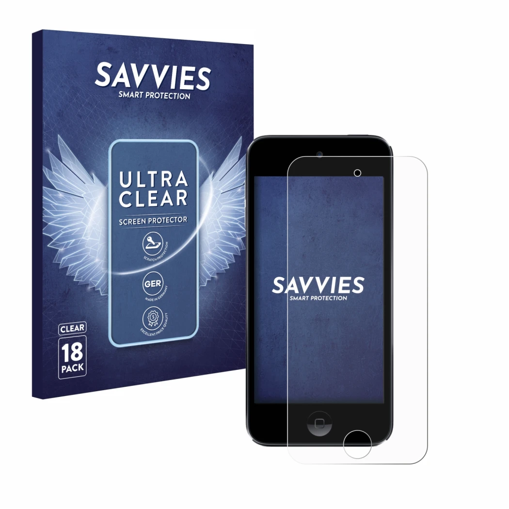 Parte frontale di una confezione del prodotto con il logo del marchio Savvies. Accanto è raffigurato il dispositivo Apple iPod