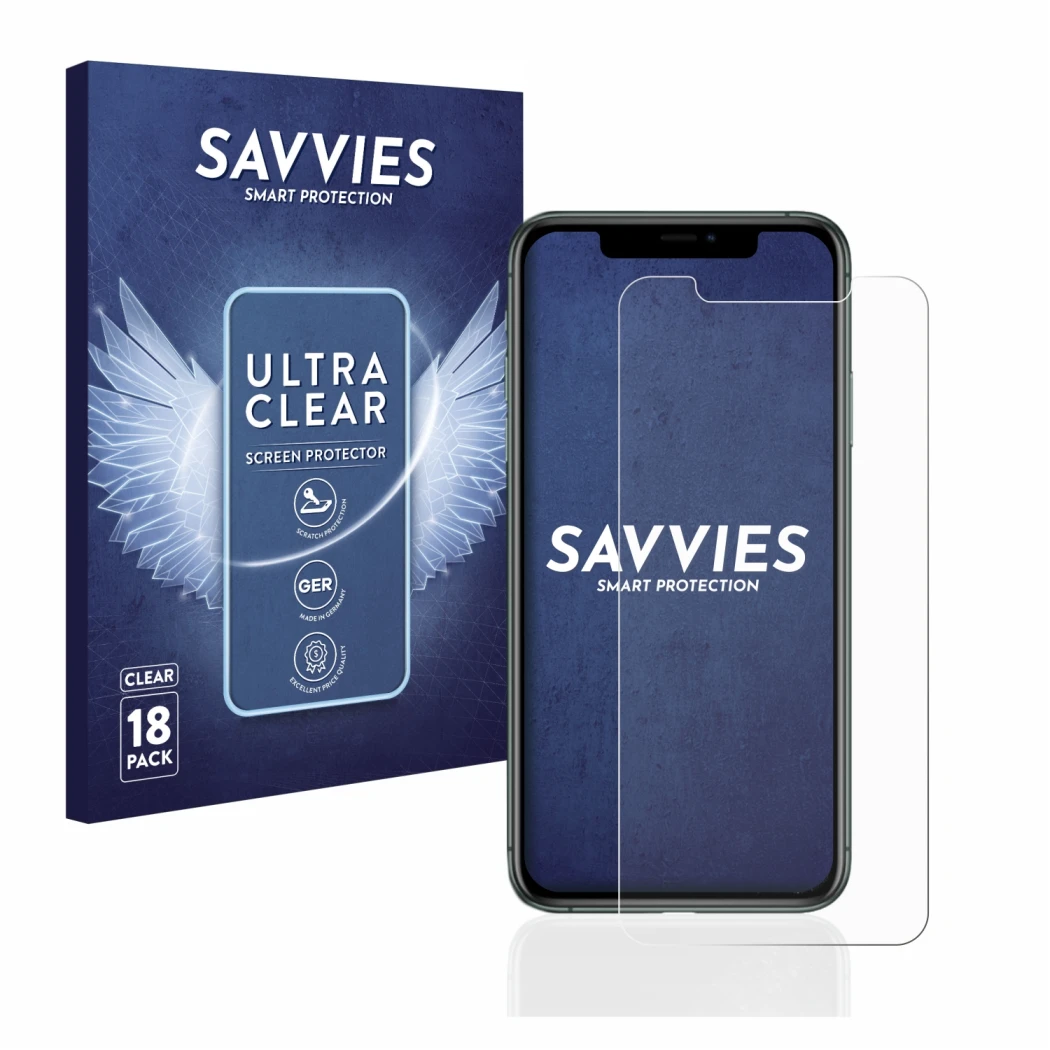 Parte frontale di una confezione del prodotto con il logo del marchio Savvies. Accanto è raffigurato il dispositivo Apple iPho