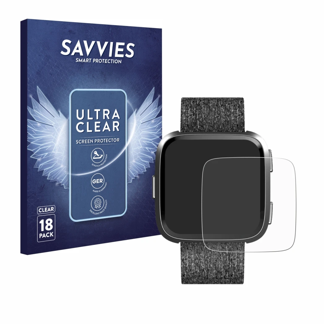 Parte frontale di una confezione del prodotto con il logo del marchio Savvies. Accanto è raffigurato il dispositivo Fitbit Ver