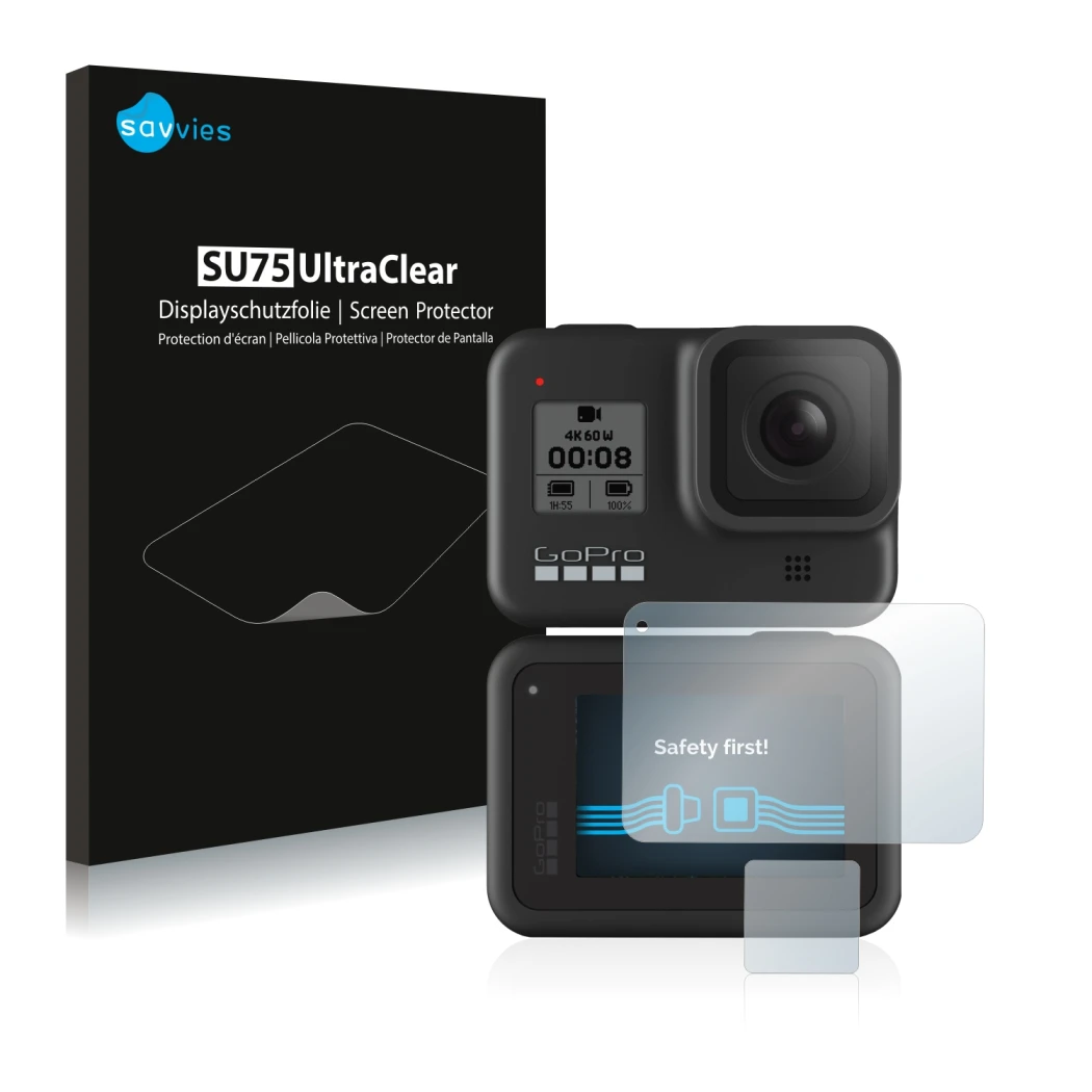 Parte frontale di una confezione del prodotto con il logo del marchio Savvies. Accanto è raffigurato il dispositivo GoPro Hero