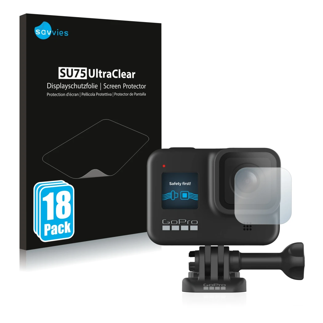 Parte frontale di una confezione del prodotto con il logo del marchio Savvies. Accanto è raffigurato il dispositivo GoPro Hero