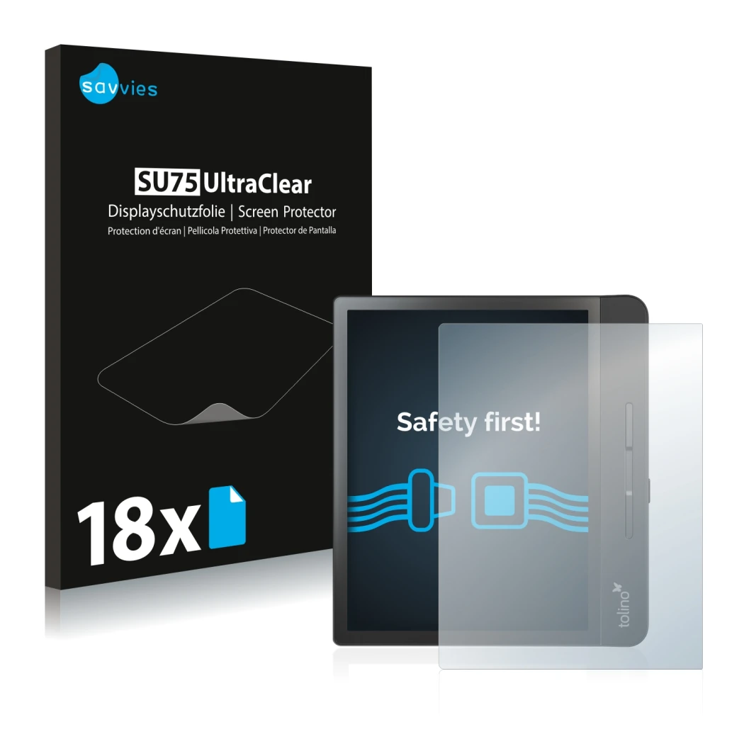 Parte frontale di una confezione del prodotto con il logo del marchio Savvies. Accanto è raffigurato il dispositivo Tolino Epo