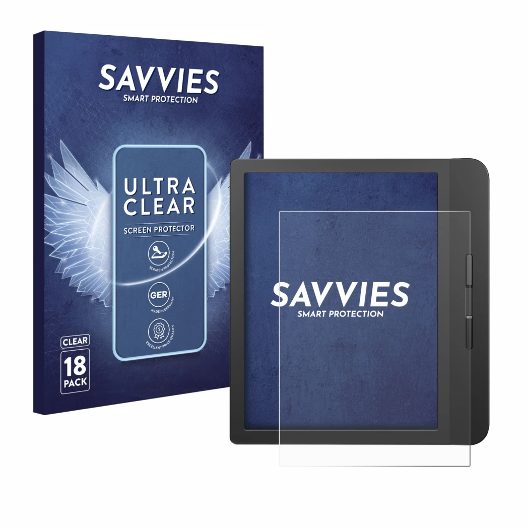 Parte frontale di una confezione del prodotto con il logo del marchio Savvies. Accanto è raffigurato il dispositivo Tolino Vis