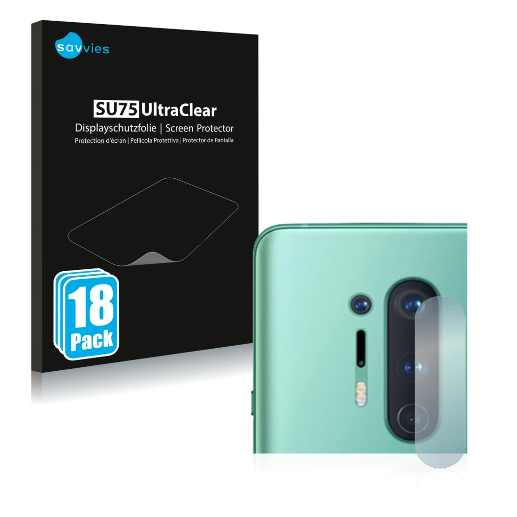 Parte frontale di una confezione del prodotto con il logo del marchio Savvies. Accanto è raffigurato il dispositivo OnePlus 8 