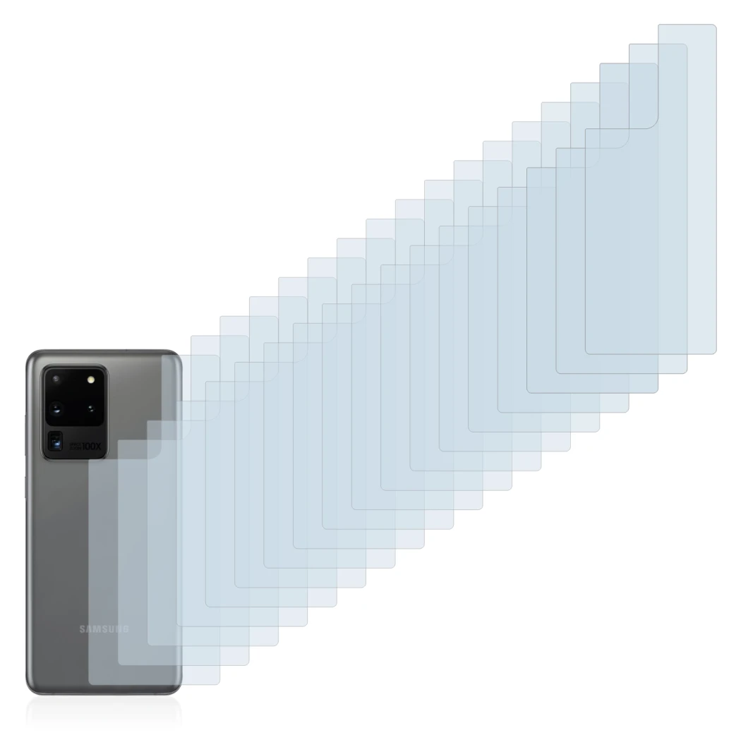 Immagine del dispositivo Samsung Galaxy S20 Ultra (Posteriore) con un'ampia varietà di protezioni per lo schermo.