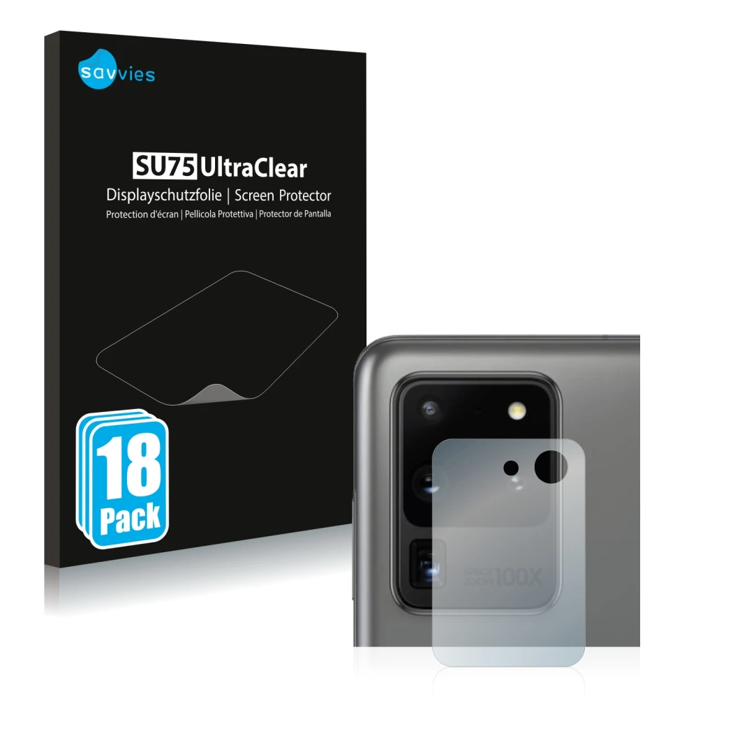 Parte frontale di una confezione del prodotto con il logo del marchio Savvies. Accanto è raffigurato il dispositivo Samsung Ga