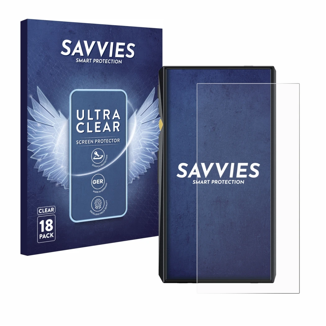 Parte frontale di una confezione del prodotto con il logo del marchio Savvies. Accanto è raffigurato il dispositivo FiiO M11 P