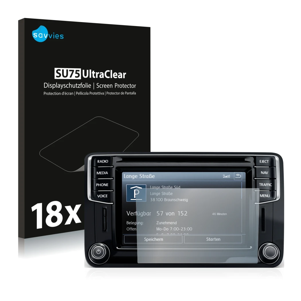 Parte frontale di una confezione del prodotto con il logo del marchio Savvies. Accanto è raffigurato il dispositivo Volkswagen