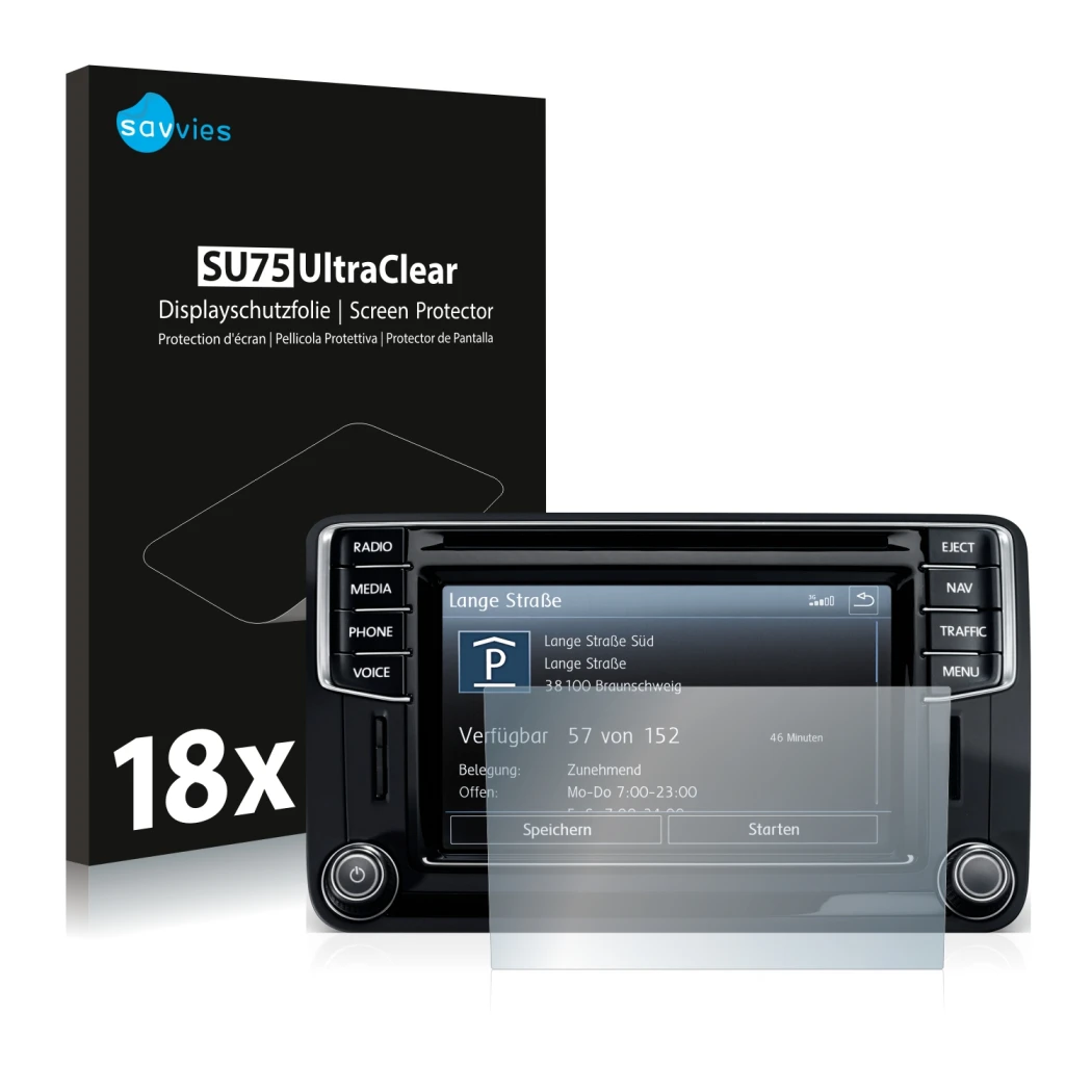 Parte frontale di una confezione del prodotto con il logo del marchio Savvies. Accanto è raffigurato il dispositivo Volkswagen