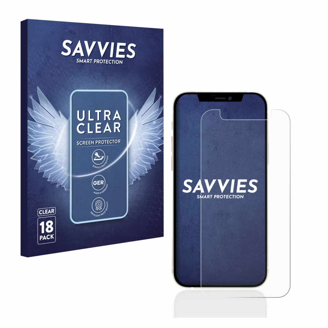 Parte frontale di una confezione del prodotto con il logo del marchio Savvies. Accanto è raffigurato il dispositivo Apple iPho
