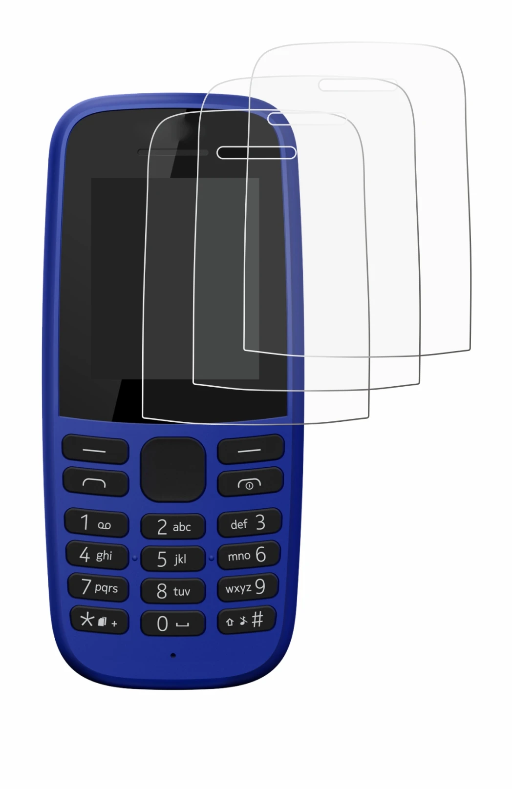 Immagine del dispositivo Nokia 105 DS 2019 con un'ampia varietà di protezioni per lo schermo.