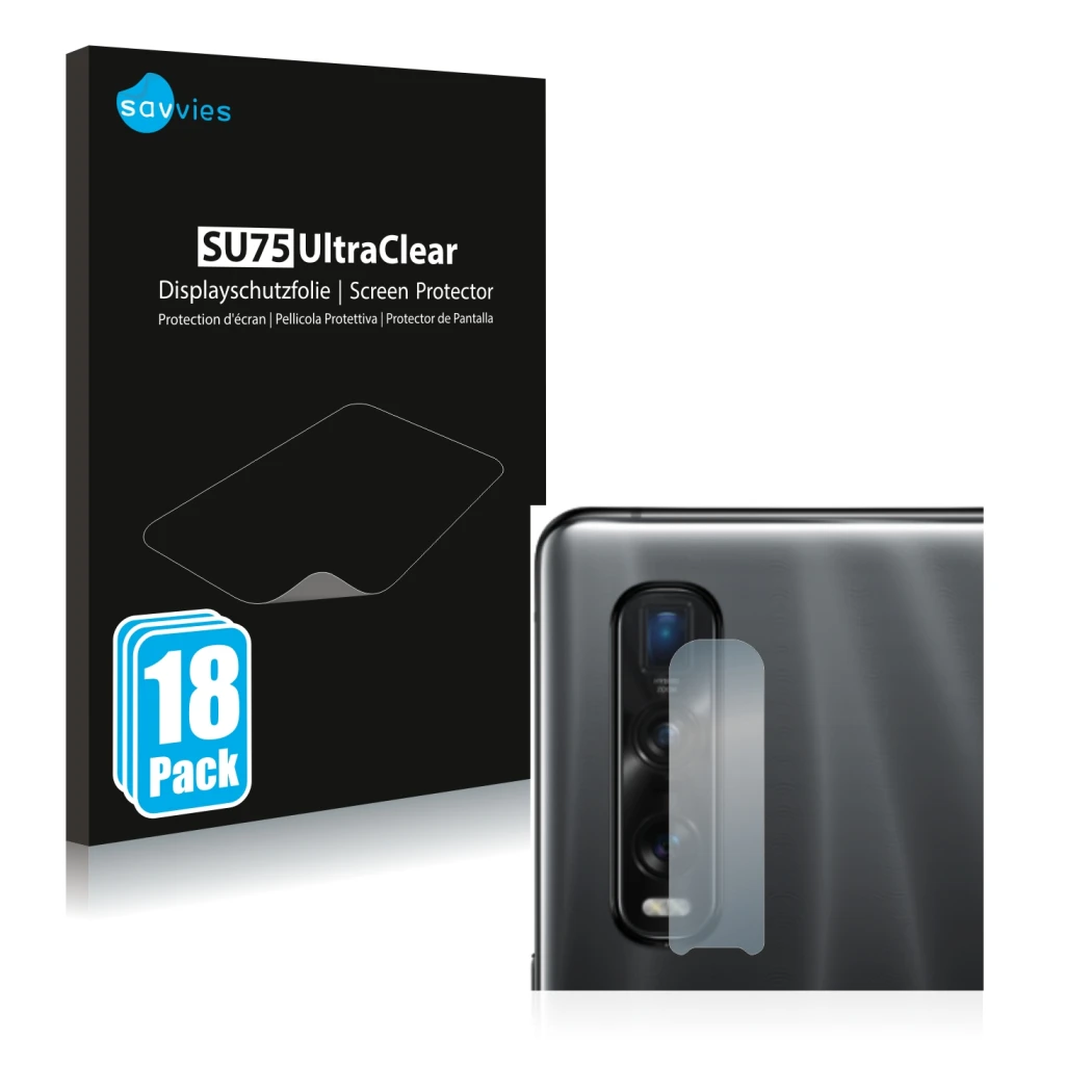 Parte frontale di una confezione del prodotto con il logo del marchio Savvies. Accanto è raffigurato il dispositivo Oppo Find 