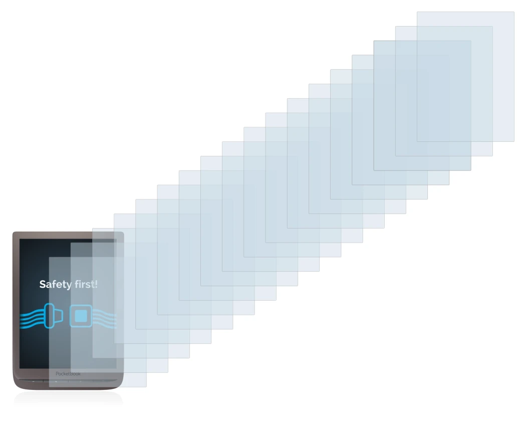 Immagine del dispositivo PocketBook InkPad 3 Pro con un'ampia varietà di protezioni per lo schermo.