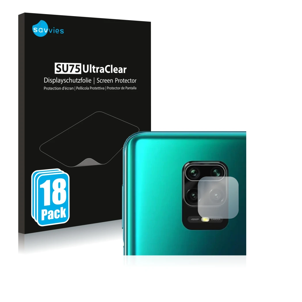 Parte frontale di una confezione del prodotto con il logo del marchio Savvies. Accanto è raffigurato il dispositivo Xiaomi Red