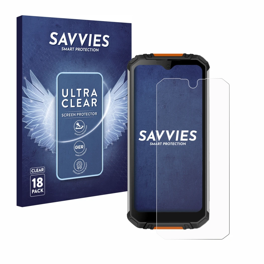 Parte frontale di una confezione del prodotto con il logo del marchio Savvies. Accanto è raffigurato il dispositivo Oukitel WP