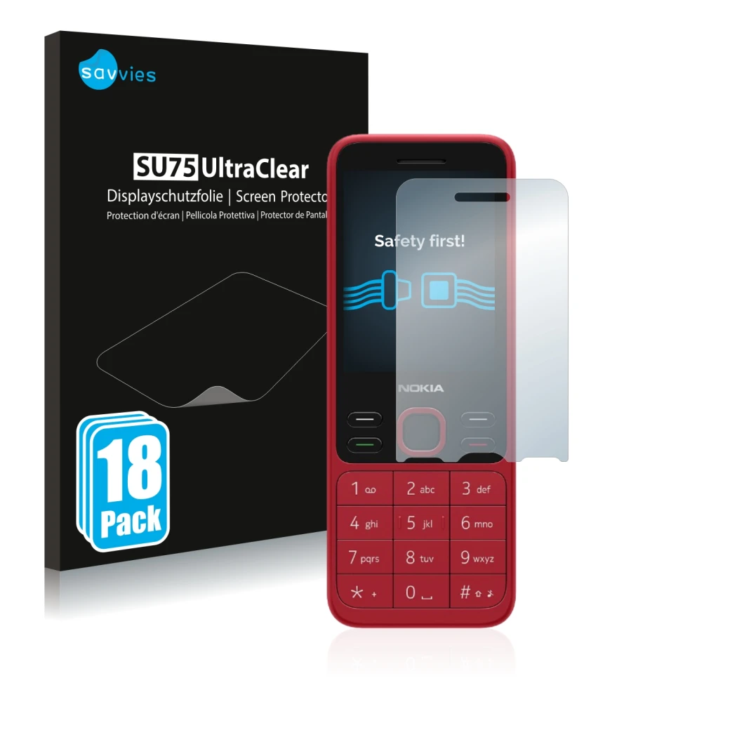 Parte frontale di una confezione del prodotto con il logo del marchio Savvies. Accanto è raffigurato il dispositivo Nokia 150 