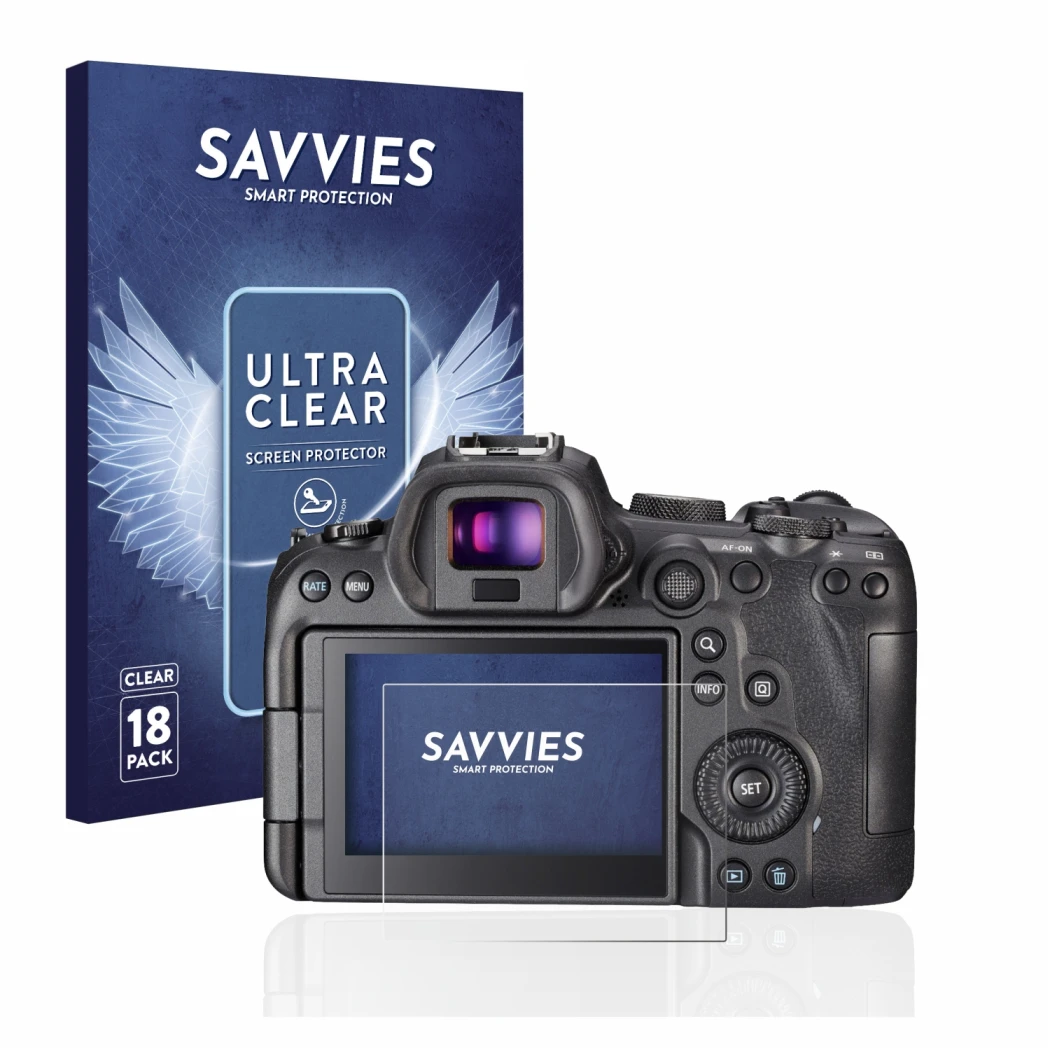 Parte frontale di una confezione del prodotto con il logo del marchio Savvies. Accanto è raffigurato il dispositivo Canon EOS 