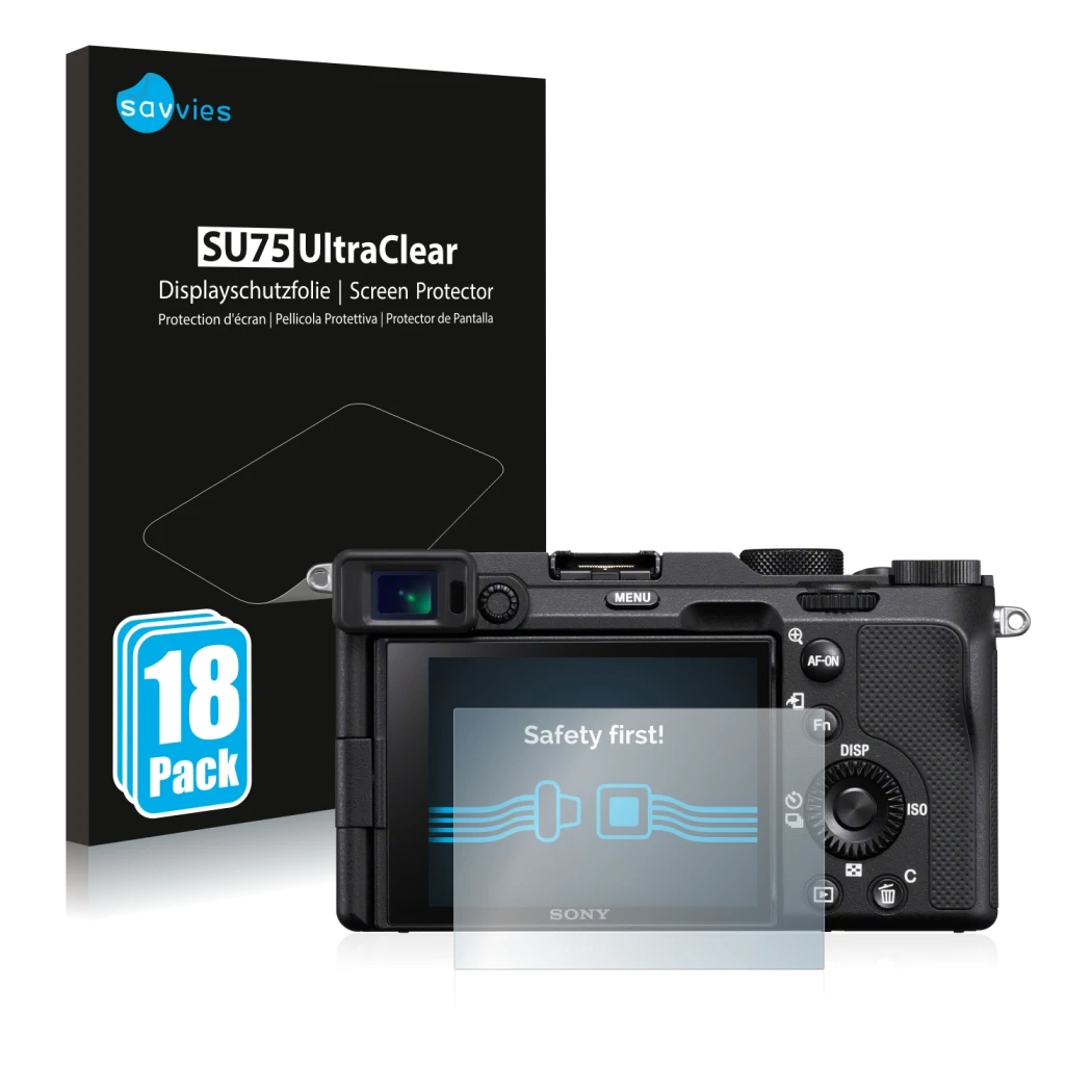 Parte frontale di una confezione del prodotto con il logo del marchio Savvies. Accanto è raffigurato il dispositivo Sony A7C c