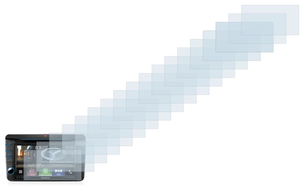 Immagine del dispositivo Kenwood DNX518VDABS con un'ampia varietà di protezioni per lo schermo.