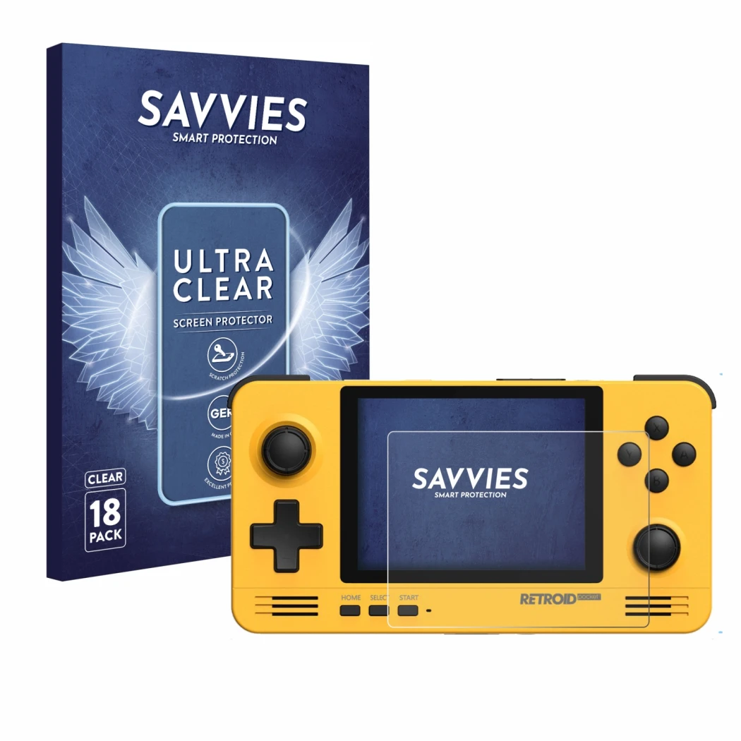Parte frontale di una confezione del prodotto con il logo del marchio Savvies. Accanto è raffigurato il dispositivo Retroid Po