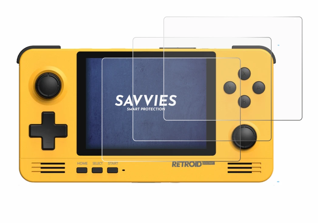 Immagine del dispositivo Retroid Pocket 2 con un'ampia varietà di protezioni per lo schermo.