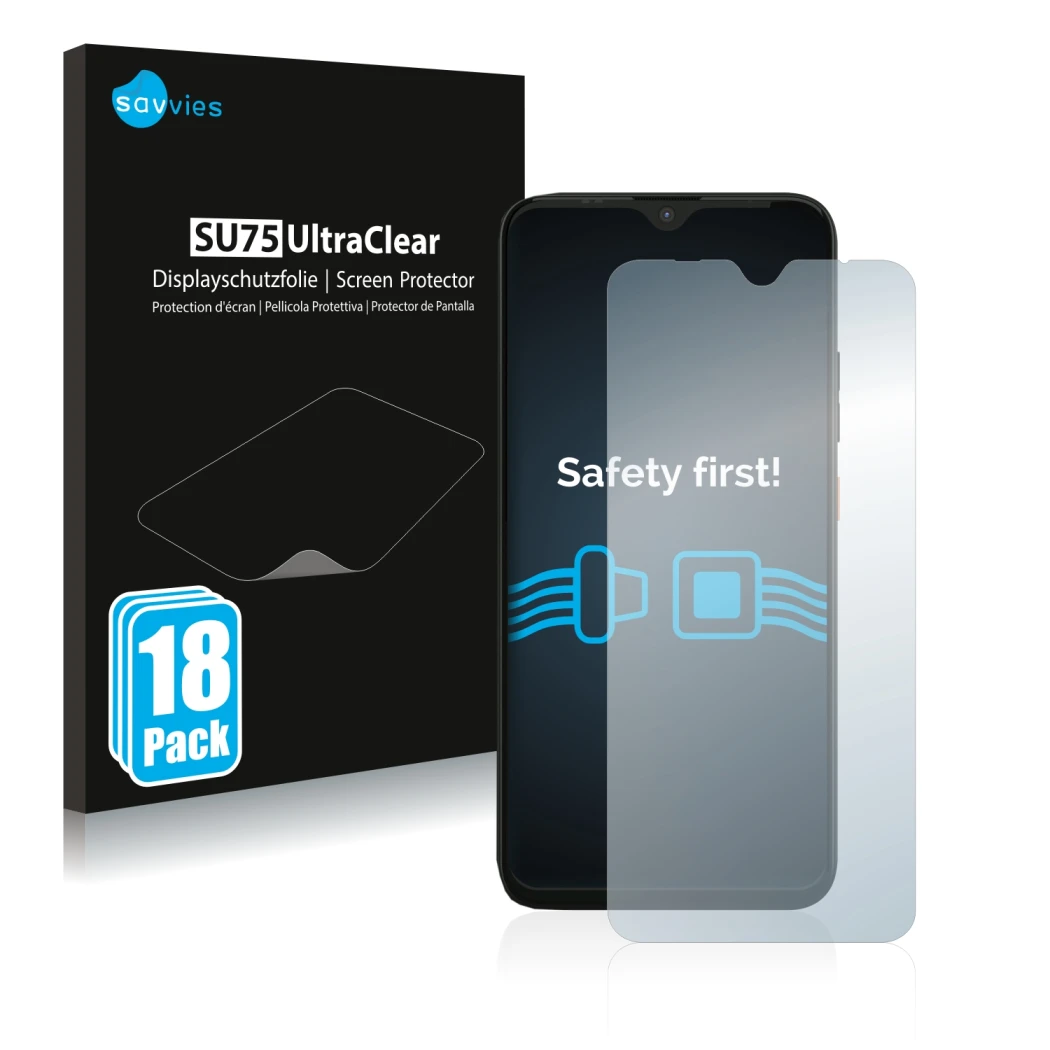 Parte frontale di una confezione del prodotto con il logo del marchio Savvies. Accanto è raffigurato il dispositivo Gigaset GS