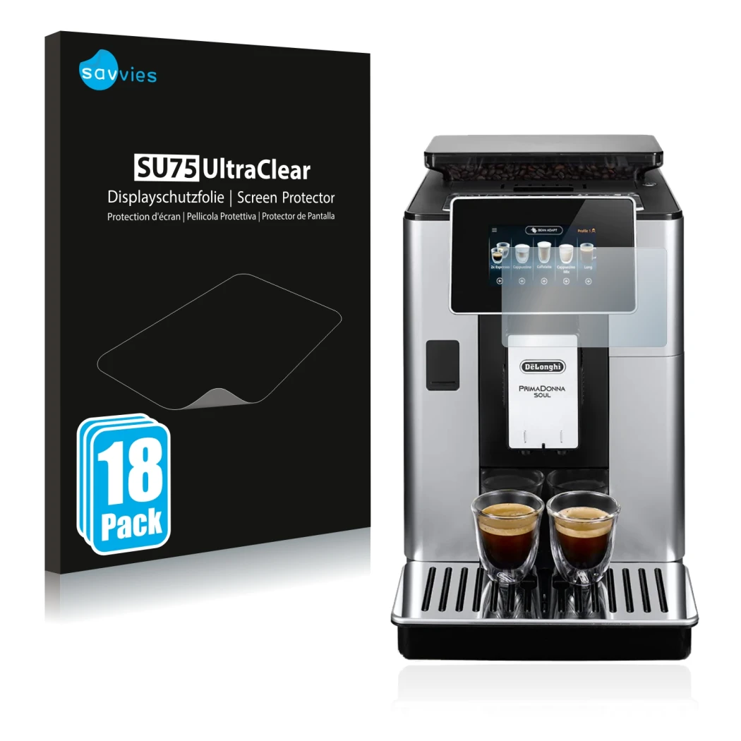 Parte frontale di una confezione del prodotto con il logo del marchio Savvies. Accanto è raffigurato il dispositivo DeLonghi P