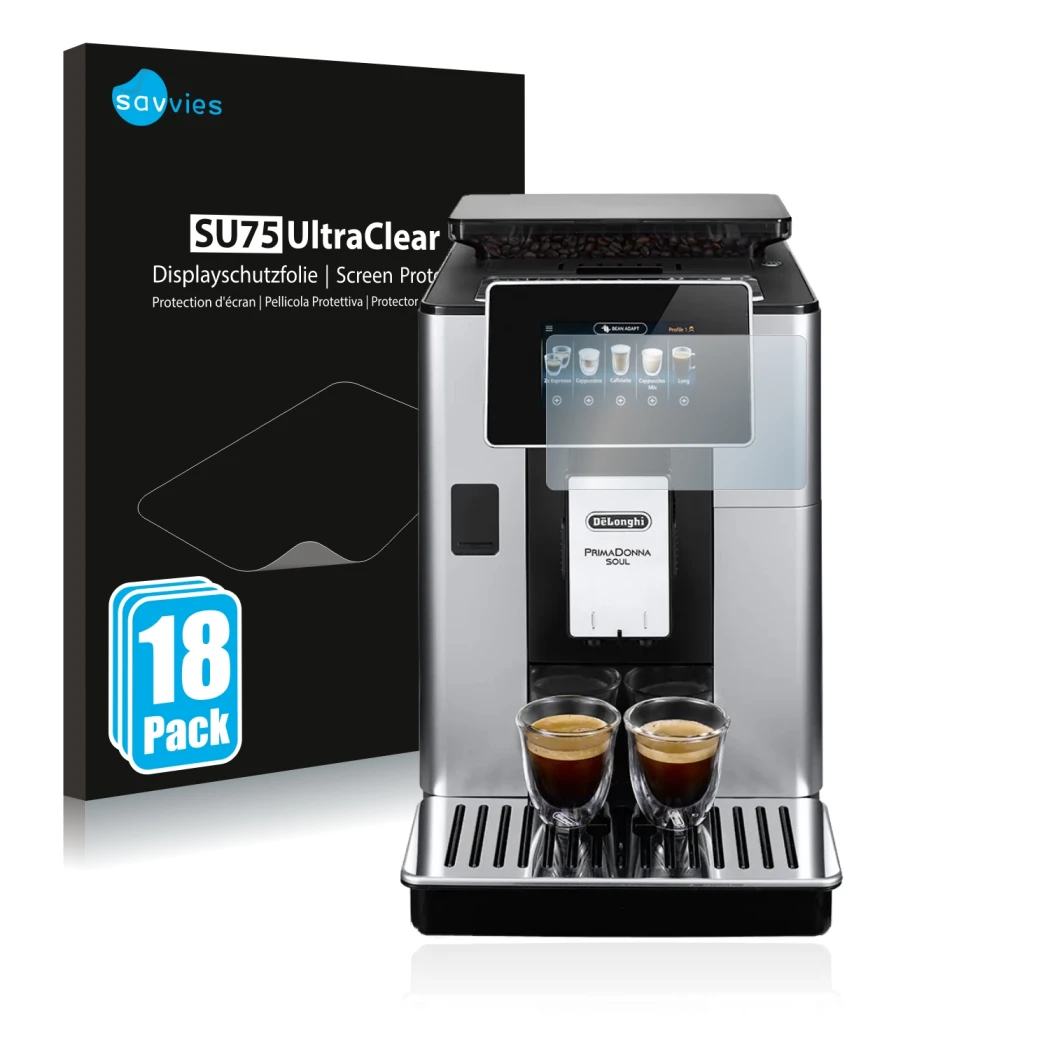 Parte frontale di una confezione del prodotto con il logo del marchio Savvies. Accanto è raffigurato il dispositivo DeLonghi P